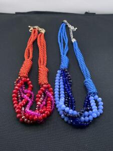 Braided Rope Multi-Strand Beaded Statement Necklaces, Red/Pink & Blue, Adjustable 18-21"