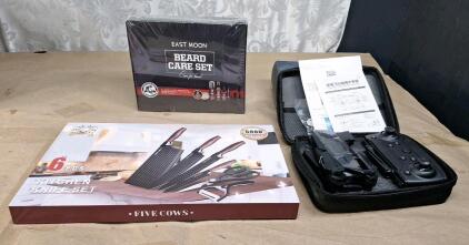 (1) Five Cows 6-Piece Kitchen Knife Set, (1) East Moon Beard Care Set & (1) Small Drone Kit.