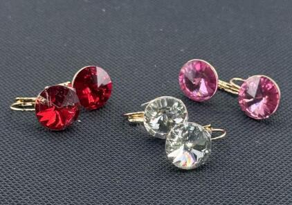 Gold-Tone Leverback Earrings with Faceted Crystal Drops in Red, Pink, and Clear Variants