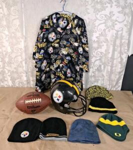 (1) Pittsburgh Steelers Hawaiian Style Button Up Shirt, Men's XL, (1) Vintage Pittsburgh Stealers Snack Bucket Helmet, (1) Wilson NFL Super Grip Official Size Football & (6) Beanie Caps