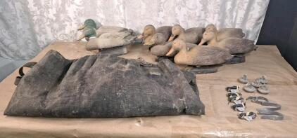 (8) Vintage Flambeau 16" Full Body Plastic Mallard Duck Decoys (2) Drakes & (6) Does W/ Sinker Weights & Storage / Transport Bag