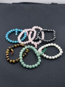 Mixed Gemstone Bead Bracelets, 8mm, Stretch, 6 Colors, Tiger&rsquo;s Eye, Rose Quartz, Hematite, Aventurine