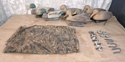 (7) Vintage Flambeau 16" Full Body Plastic Mallard Duck Decoys (2) Drakes & (5) Does W/ Sinker Weights & Storage / Transport Bag