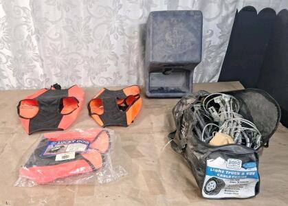 (3) Dog Field Training Padded Chest Protectors, S, M & L, (1) R2K2 Waterbox & (1) Pair Of Light Truck & SUV Cable Chains