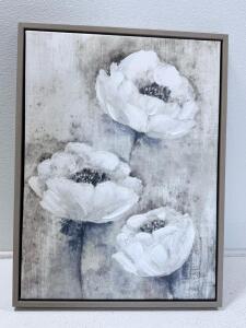 Modern Framed Canvas Art &ndash; Abstract White Floral Painting, 20"x24", Taupe Frame, Textured Acrylic
