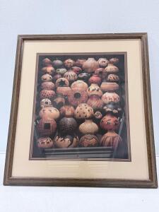 Framed Southwestern Pottery Art Print with Cream Mat | 22"x26" Brown Wood Frame