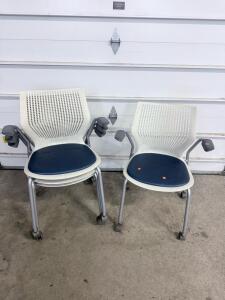 (4)KFI Seating Kool Stack Chair with Casters, Sky Blue Seat, White Perforated Back, Silver Frame