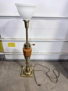 Vintage Brass & Wood Torchiere Floor Lamp, Ribbed Glass Shade, 65" Tall, Mid-Century Design