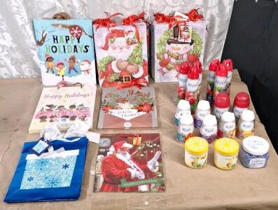 (40+) Assorted Christmas Gift Bags, (6) 10-Oz Cans Of Wizard Odor Neutralizer / Air Freshener Spray, (2) 5-Oz Cans Of Wizard Automatic Odor Neutralizer / Air Freshener Spray Refills, (6) Wizard Solid Air Fresheners & (3) 10-Oz Jars Of Odor Absorbing Gel