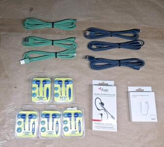 (5) Blue Groove Onn Corded Earphones W/ Mic, (1) Fuse Headset Flexible Boom Mike, (1) Lightning To Headphone Jack Adapter & (6) Assorted USB To Lightning Cables