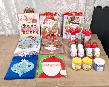 (40+) Assorted Christmas Gift Bags, (6) 10-Oz Cans Of Wizard Odor Neutralizer / Air Freshener Spray, (2) 5-Oz Cans Of Wizard Automatic Odor Neutralizer / Air Freshener Spray Refills, (6) Wizard Solid Air Fresheners & (3) 10-Oz Jars Of Odor Absorbing Gel