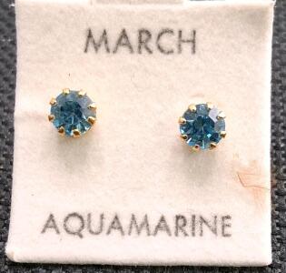 March Aquamarine Birthstone Stud Earrings, Round-Cut, Yellow Gold Setting