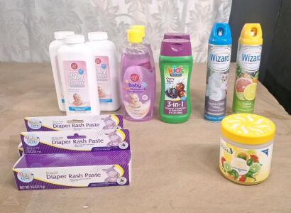 (3) 8-Oz Bottles Baby Powder Cornstarch, (2) 15-Oz Bottles Of Baby Shampoo & Conditioner, (2) 2.5-Oz Tubes Of Diaper Rash Paste, (2) 12-Oz Bottles Of Kids 3-In-1 Shampoo, Conditioner & Body Wash, (2) 10-Oz Cans Of Wizard Odor Neutralizer / Air Freshener 