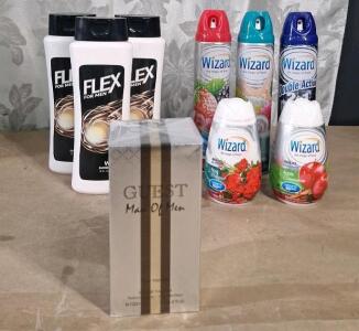 (1) 3.4-Fl Oz Bottle Of Guest Man of Men Eau de Toilette By Fragrance Couture, (3) 18-Oz Botles Of Flex Men's Body Wash, (3) 10-Oz Cans Of Wizard Odor Neutralizer / Air Freshener Spray & (2) Wizard Solid Air Fresheners