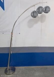 Working Modern 3-Light Arc Floor Lamp with Brushed Steel Base and Spherical Slatted Shades, approx. 78" Tall