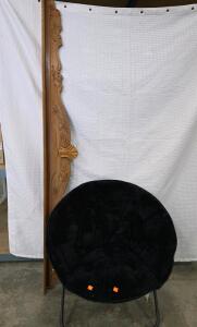 Ornate Carved Oak Headboard/Panel & Black Folding Saucer Chair, Metal Frame Faux Fur Seat