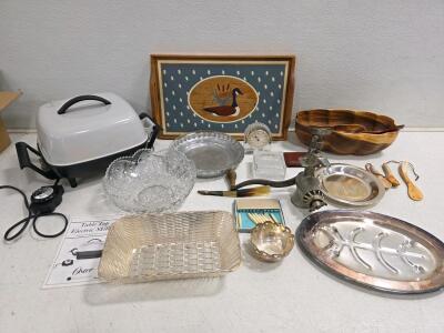 Working Vintage Oster Skillet Model 5712, Platters, Grinder, Wood Bowl & Glassware Lot