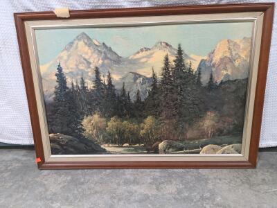 Vintage Turner Mfg. Co. Framed Mountain Landscape Print, 38x26 In., Midcentury Wall Art