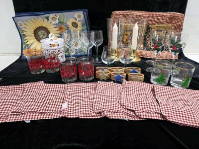 Holiday and Rustic Glassware & Table Decor Lot&mdash;Patriarche Snifters, Christmas Tumblers, Canister