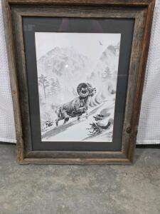 Framed Bighorn Sheep Print, Rustic Wood Frame, Black & White Mountain Wildlife Art, 29x23 in