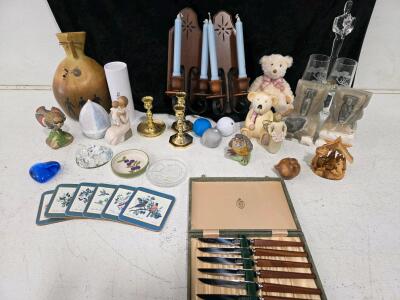 Vintage Collectibles Lot: Koh's England Knives, Wall Sconces, Candlesticks, Figurines, Coasters