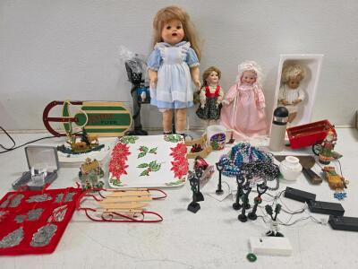 Holiday Vintage Collectibles Lot: Dolls, Festive Flyer Sled, Poinsettia Platter, Ornaments, D&eacute;cor