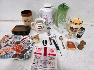 Mixed Kitchen Barware Lot 19+ Pieces Cook&rsquo;s Collection, Fire Blanket, Crystal, Tools, Decor. Homak 20" Metal Toolbox with 25+ Tools & Accessories, Stanley Tape, Hammer, Wrench, Pliers