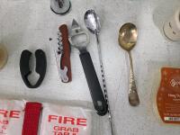 Mixed Kitchen Barware Lot 19+ Pieces Cook&rsquo;s Collection, Fire Blanket, Crystal, Tools, Decor. Homak 20" Metal Toolbox with 25+ Tools & Accessories, Stanley Tape, Hammer, Wrench, Pliers - 3