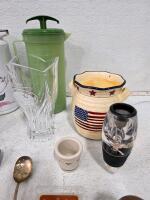 Mixed Kitchen Barware Lot 19+ Pieces Cook&rsquo;s Collection, Fire Blanket, Crystal, Tools, Decor. Homak 20" Metal Toolbox with 25+ Tools & Accessories, Stanley Tape, Hammer, Wrench, Pliers - 5
