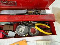Mixed Kitchen Barware Lot 19+ Pieces Cook&rsquo;s Collection, Fire Blanket, Crystal, Tools, Decor. Homak 20" Metal Toolbox with 25+ Tools & Accessories, Stanley Tape, Hammer, Wrench, Pliers - 7
