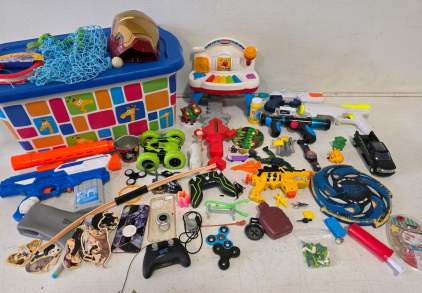 Large Toy Bin Lot - Marvel, X-Shot Blasters, RC Car, Bow, 45+ Pieces, Storage Bin