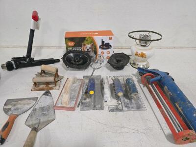 Assorted Tool Lot: Trowels, Caulking Gun, Tile Cutter, FLUPET Dog Trainer, Oil Lamp, More