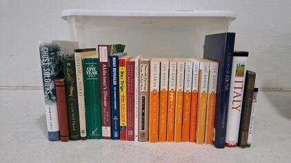 22 Mixed Genre Books Including Jan Karon Series & Ghost Soldiers with 66 Qt Sterilite Storage Bin