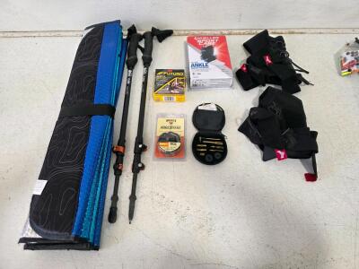 REI Flash Carbon Trekking Poles, Mat, Mueller & Futuro Ankle Braces, Gun Cleaner, BoreSnake Kit Lot