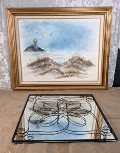 (1) Framed Painting, Lighthouse & Seascape, 35" x 29" & (1) Decorative Metal Framed Wall Mirror, 21.5" x 21.5"