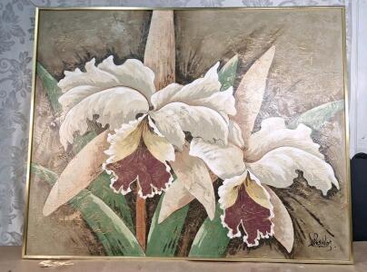 (1) Large Framed Painting, Maroon, White & Green Orchid Blossoms, 50" x 40"