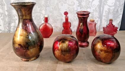 (1) 12" Red & Gold Ceramic Vase, (2) Red & Gold Ceramic Globes, (1) 10" Red & Gold Ceramic Pedistal & (4) Red Glass Bottles