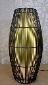 (1) Vintage Barrel-Shaped Dark Woven Rattan Table Lamp, 24"T