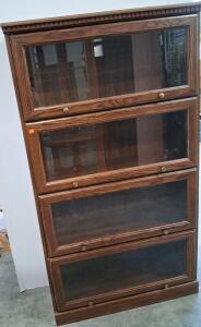 Four-Section Oak Barrister Bookcase with Glass Lift-Up Doors, Brass Knobs