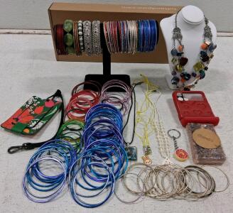 Mixed Costume Jewelry Lot, 50+ Pieces, Bangles, Necklaces, Accessories, Displays Not Included