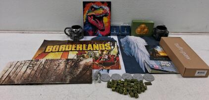 Mixed Gaming Collectibles Lot: Borderlands, Halo, GTA, Tuft Paw Cat Scratcher, Dice, Posters