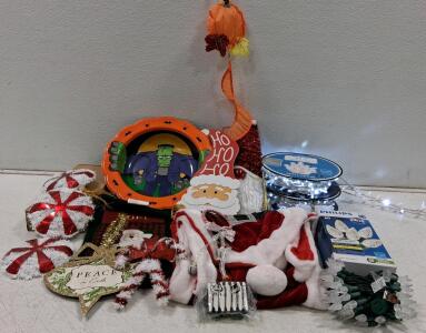 Large Mixed Holiday Decoration Lot &ndash; Philips LED Lights, Halloween Plate, Ornaments, Signs (Turns On)