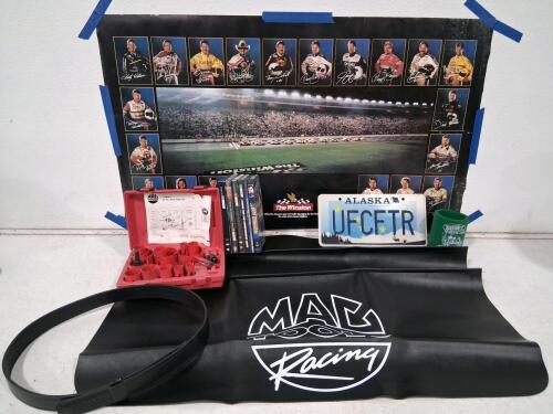 NASCAR Winston Poster, MAC Tools Hole Saw Kit, Alaska UFCETR Plate, DVDs, Racing Mat Lot