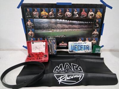 NASCAR Winston Poster, MAC Tools Hole Saw Kit, Alaska UFCETR Plate, DVDs, Racing Mat Lot