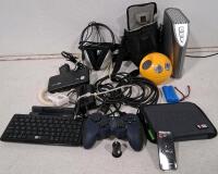 Assorted Electronics Bundle: Logitech F310 Controller, Netgear Modem, Keyboard, Speaker, Remote (Turns On)