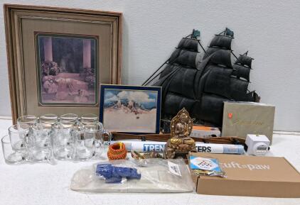 Assorted Collectibles Lot: Framed Art, Metal Wall Decor, Glass Mugs, Decorative Figurine