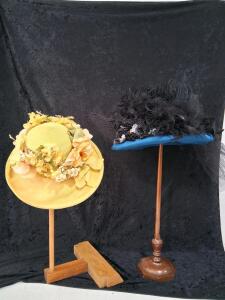 Edwardian Wide-Brim Straw Hat with Floral Trim and Blue Picture Hat with Feather Plume & Veil