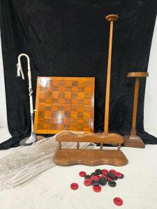 Vintage Wooden Checkers, Two hat stands, Small Clothing Hanger Display.