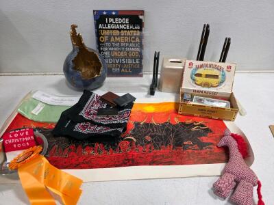 Mixed Americana Collectible Lot: Art Print, Plaque, Cigar Box, Bandana, Ribbons, Decor