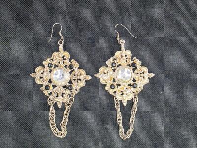Vintage-Inspired Ornate Filigree Dangle Earrings with Clear and Black Stones
